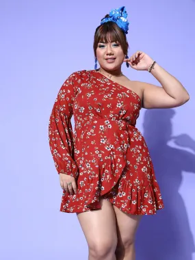 Berrylush Women Plus Size Red Floral Printed One-Shoulder Neck Tulip Hem Pleated A-Line Mini Dress