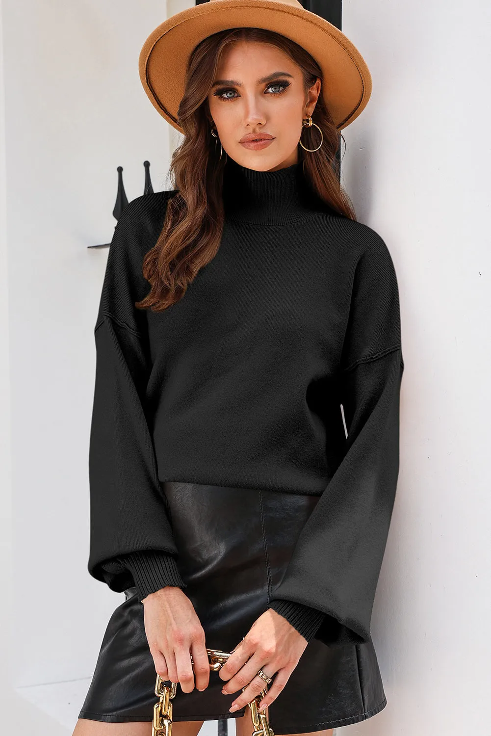 Black Turtleneck Drop Shoulder Bubble Sleeve Knit Sweater