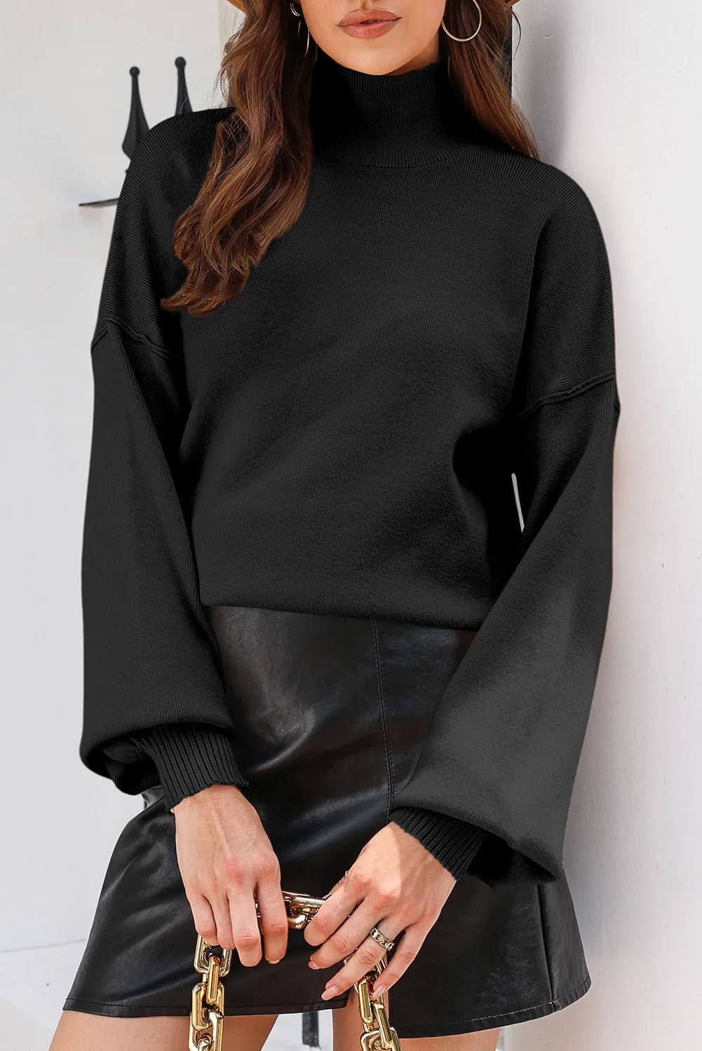 Black Turtleneck Drop Shoulder Bubble Sleeve Knit Sweater