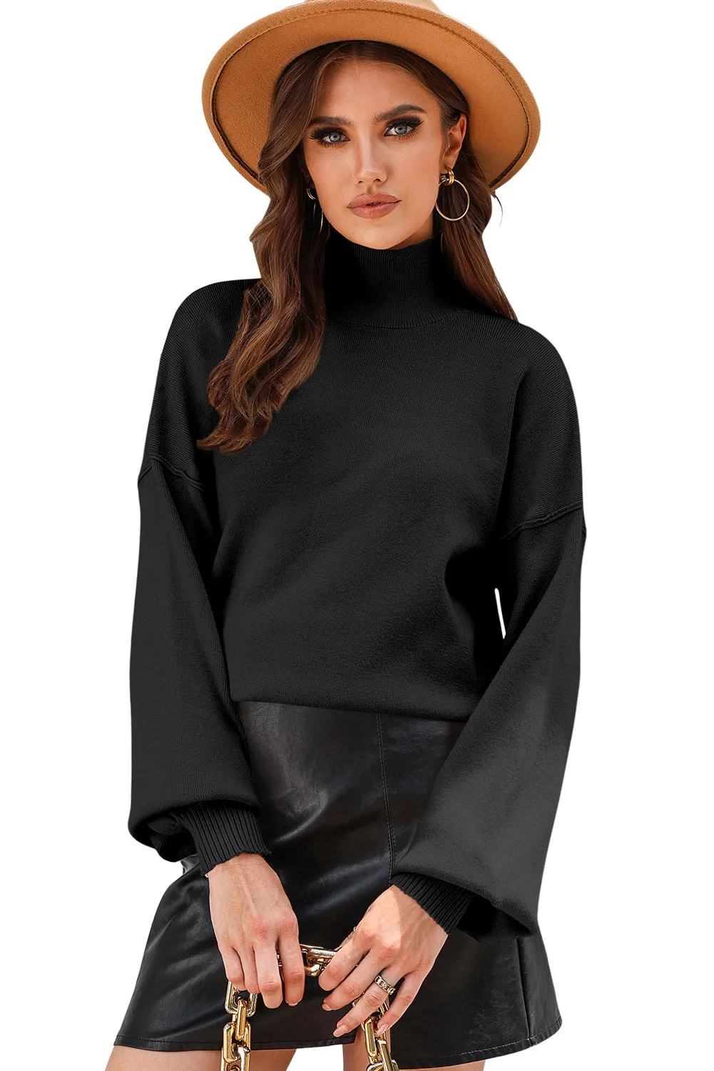 Black Turtleneck Drop Shoulder Bubble Sleeve Knit Sweater