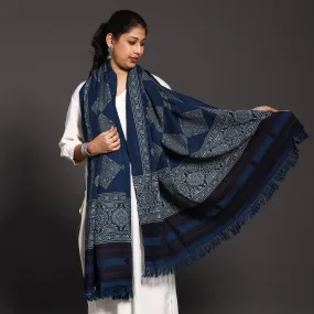 Blue - Kutch Traditional Ajrakh Block Printed Handwoven Pure Woolen Shawl