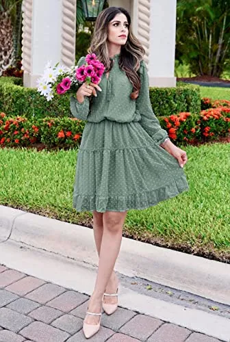 BTFBM Women Casual Spring Summer Dresses Tie V Neck Long Sleeve High Waist Ruffle Tiered A Line Swing Tunic Mini Dress(Dot Green, Medium)