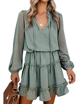 BTFBM Women Casual Spring Summer Dresses Tie V Neck Long Sleeve High Waist Ruffle Tiered A Line Swing Tunic Mini Dress(Dot Green, Medium)