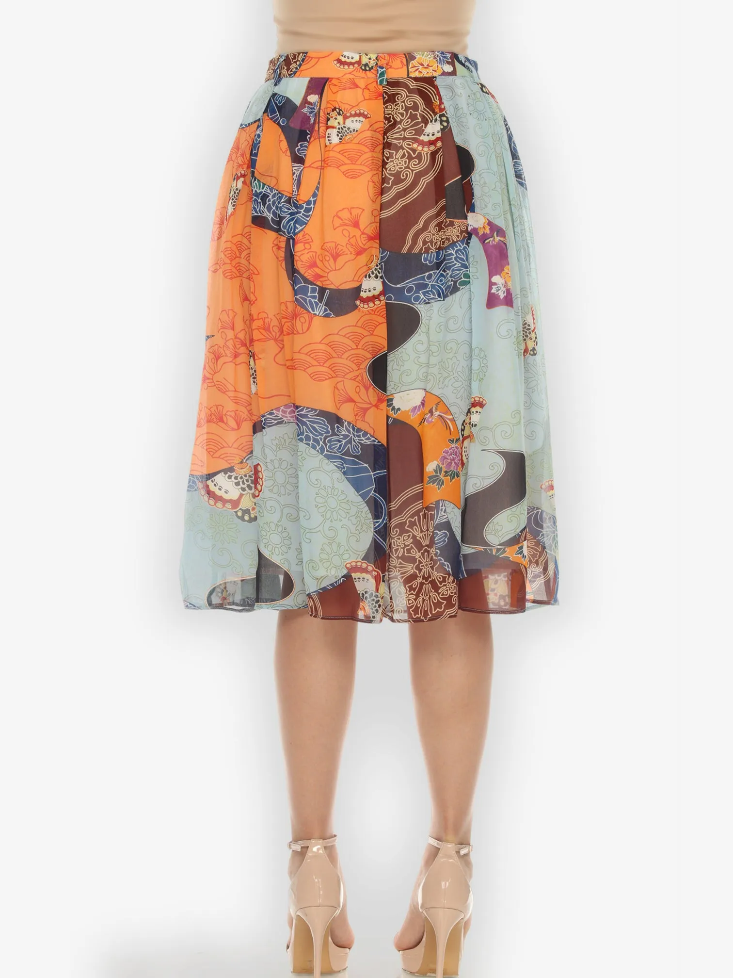 Butterfly Kimono Print Silk Pleated Skirt