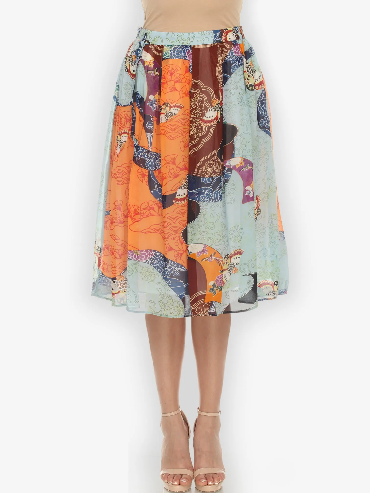 Butterfly Kimono Print Silk Pleated Skirt