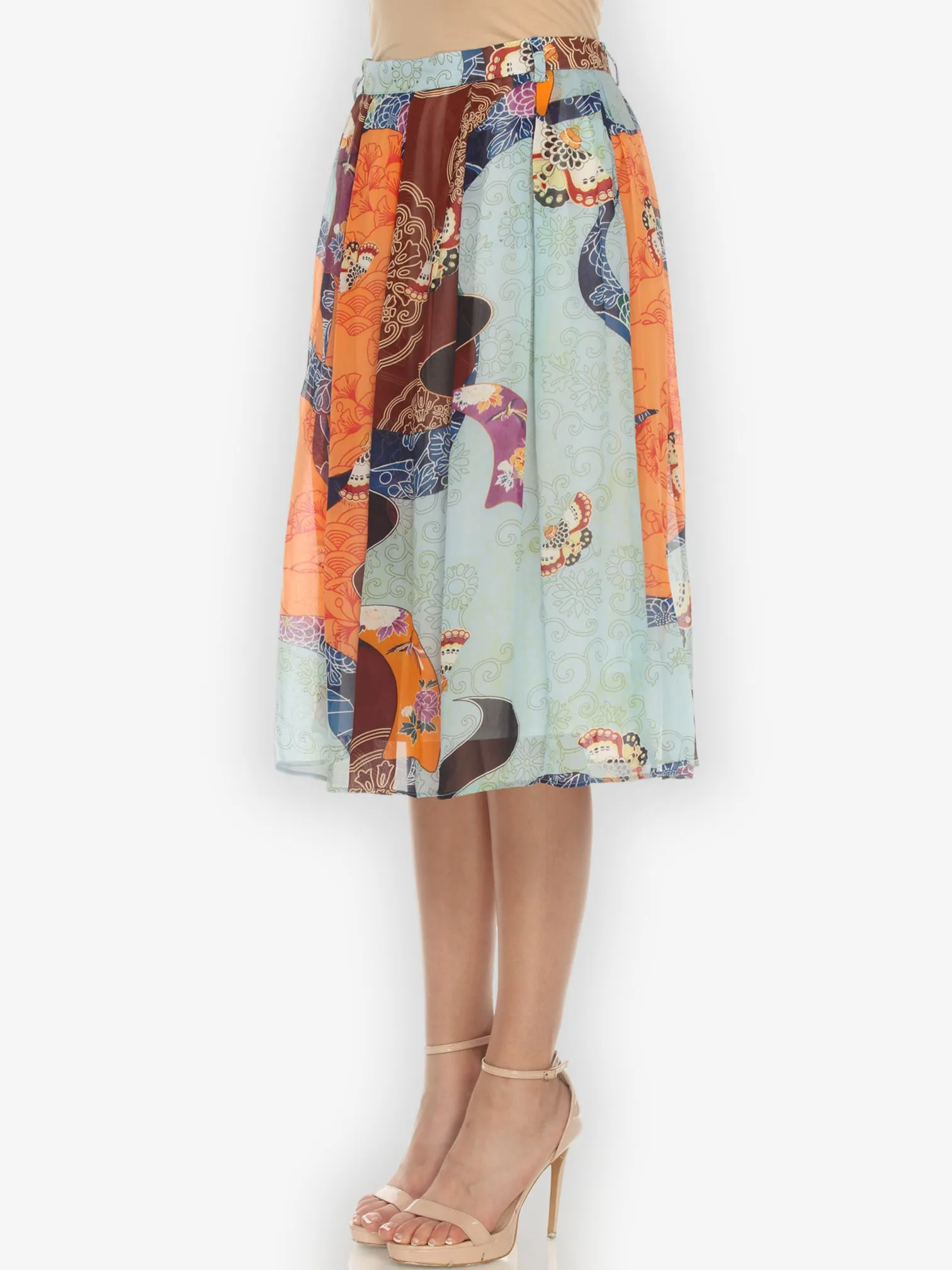 Butterfly Kimono Print Silk Pleated Skirt