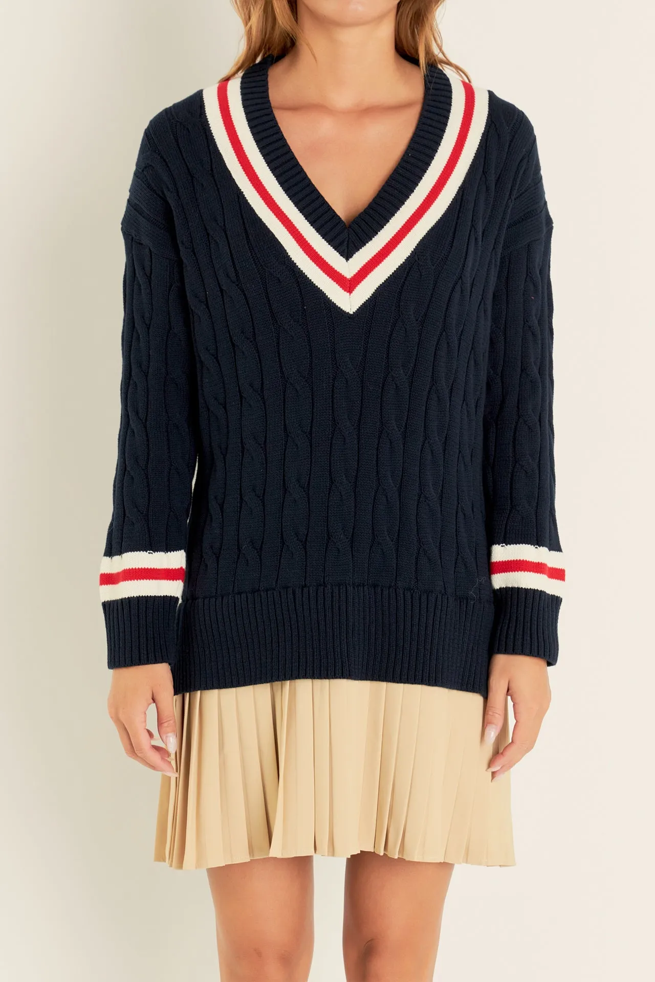 Cable Knit Pleated Sweater Dress