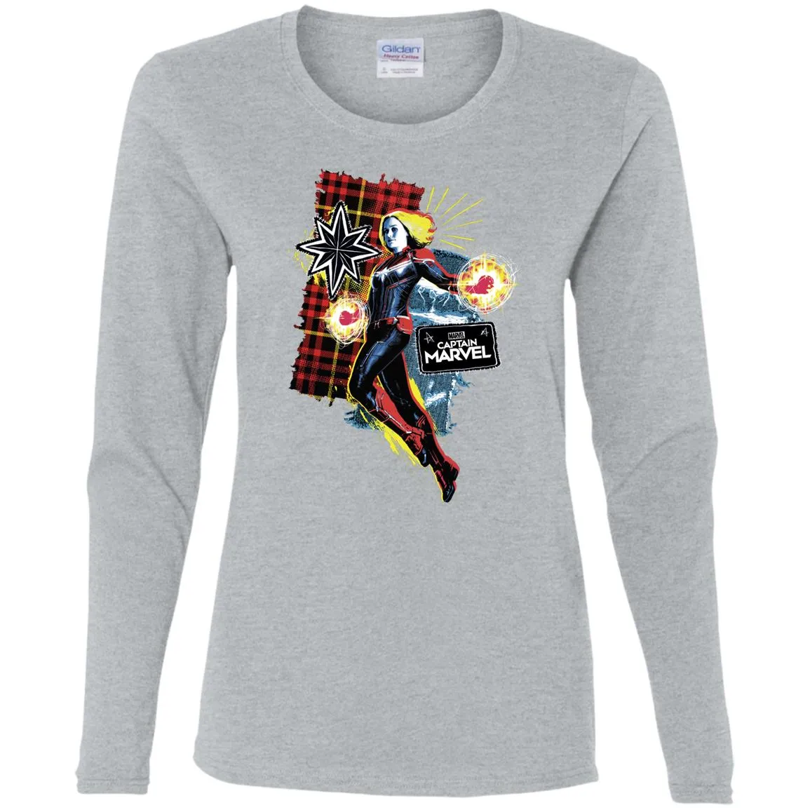 Captain Marvel Plaid Jean Patched Portrait Women Long Sleeve Shirt