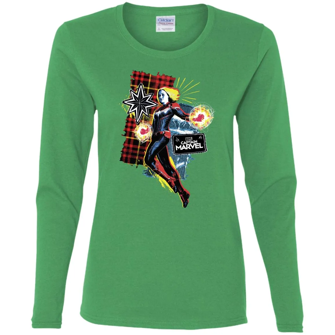 Captain Marvel Plaid Jean Patched Portrait Women Long Sleeve Shirt