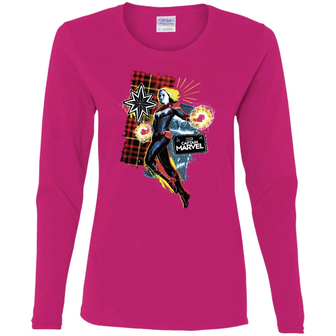 Captain Marvel Plaid Jean Patched Portrait Women Long Sleeve Shirt