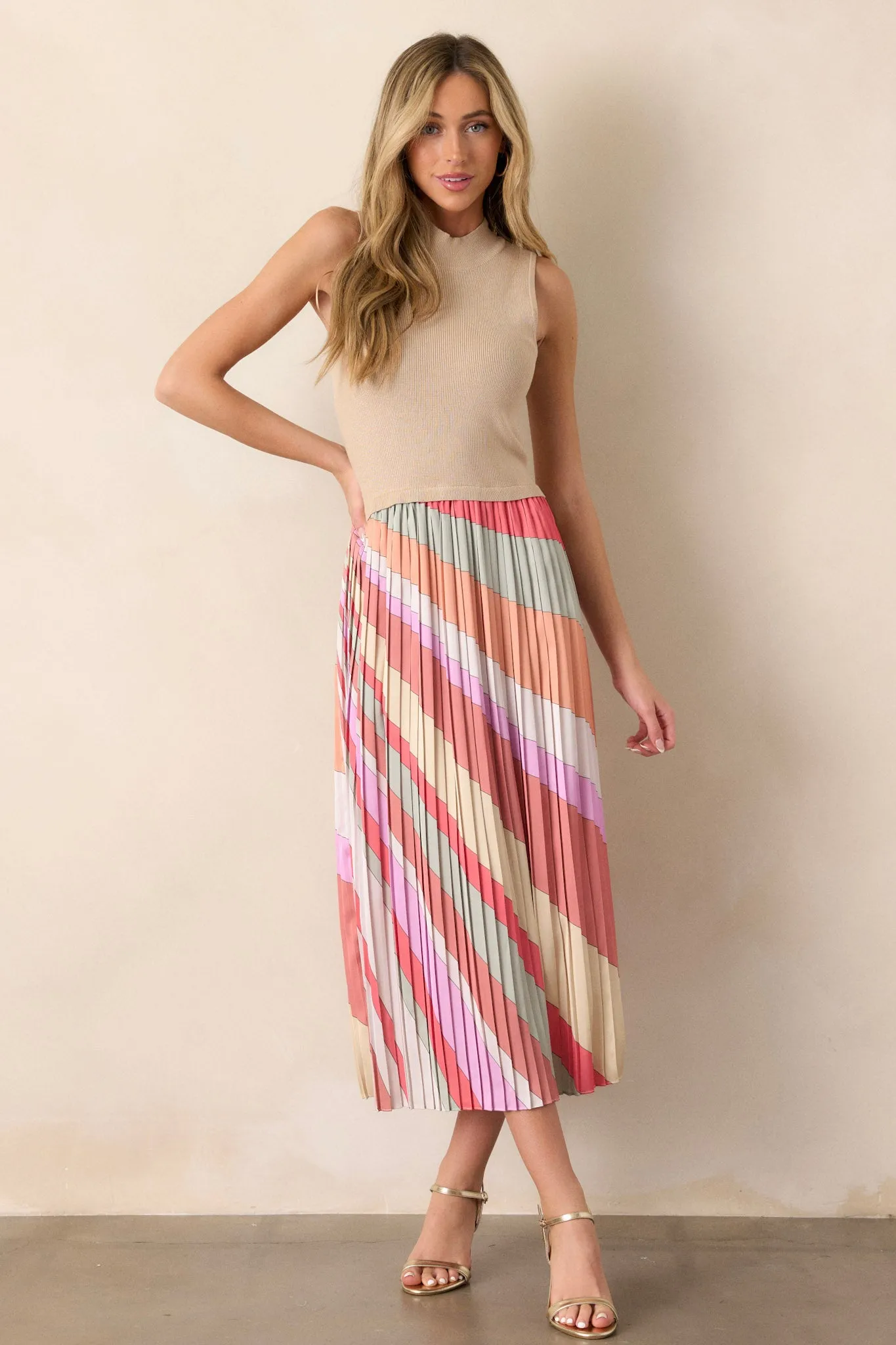 Celestial Cascade Taupe Multi Pleated Midi Dress