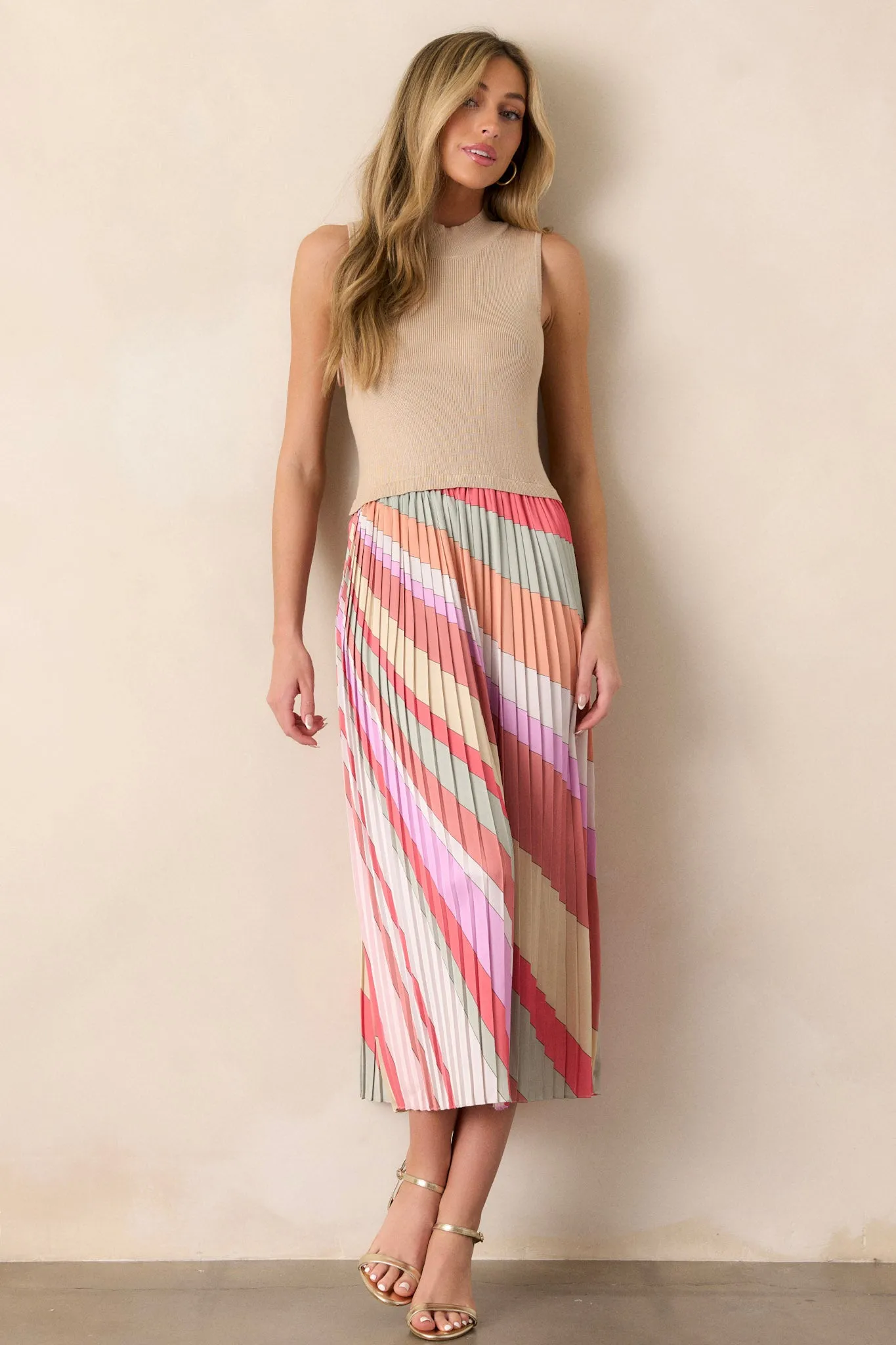 Celestial Cascade Taupe Multi Pleated Midi Dress