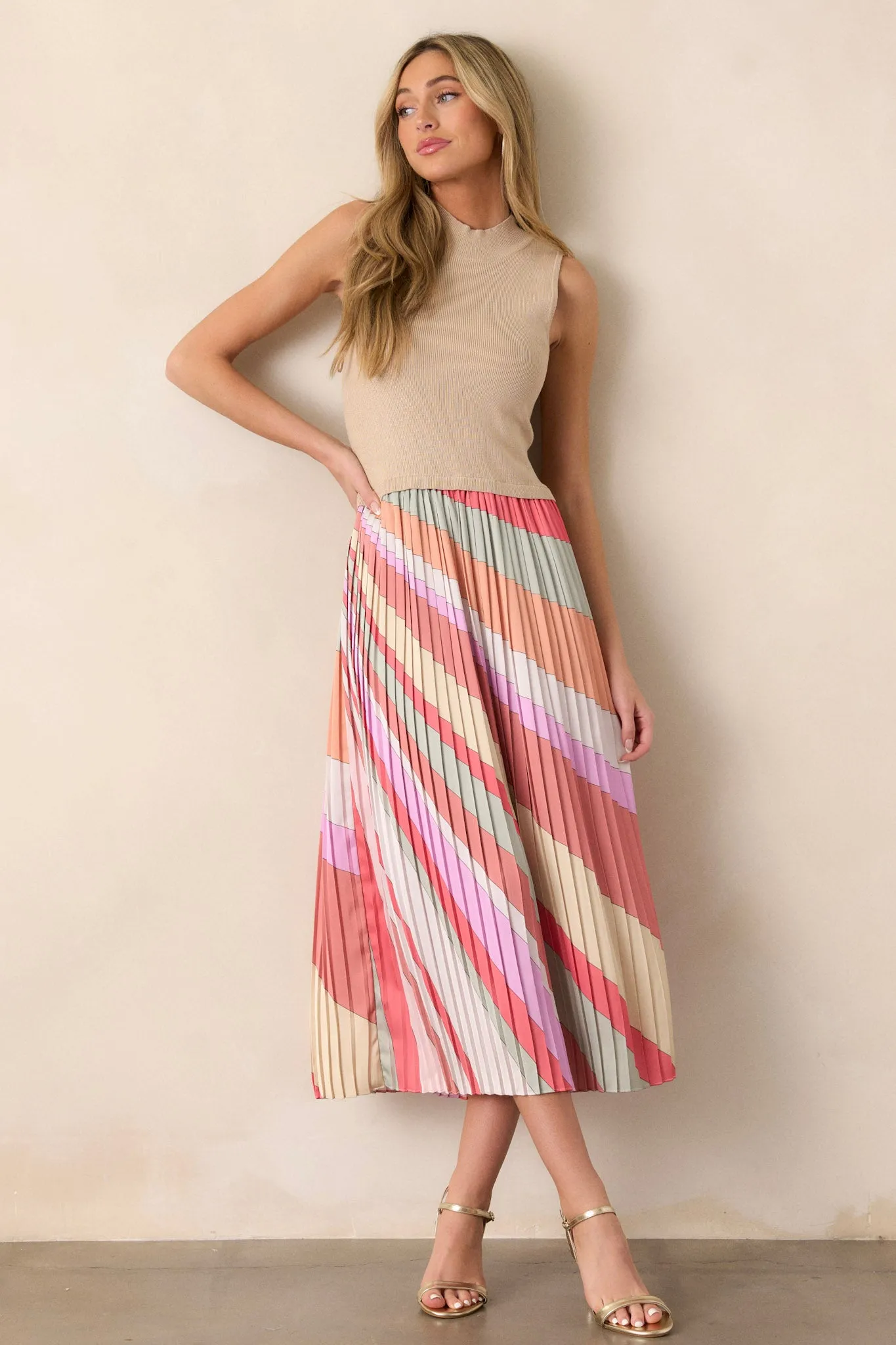 Celestial Cascade Taupe Multi Pleated Midi Dress