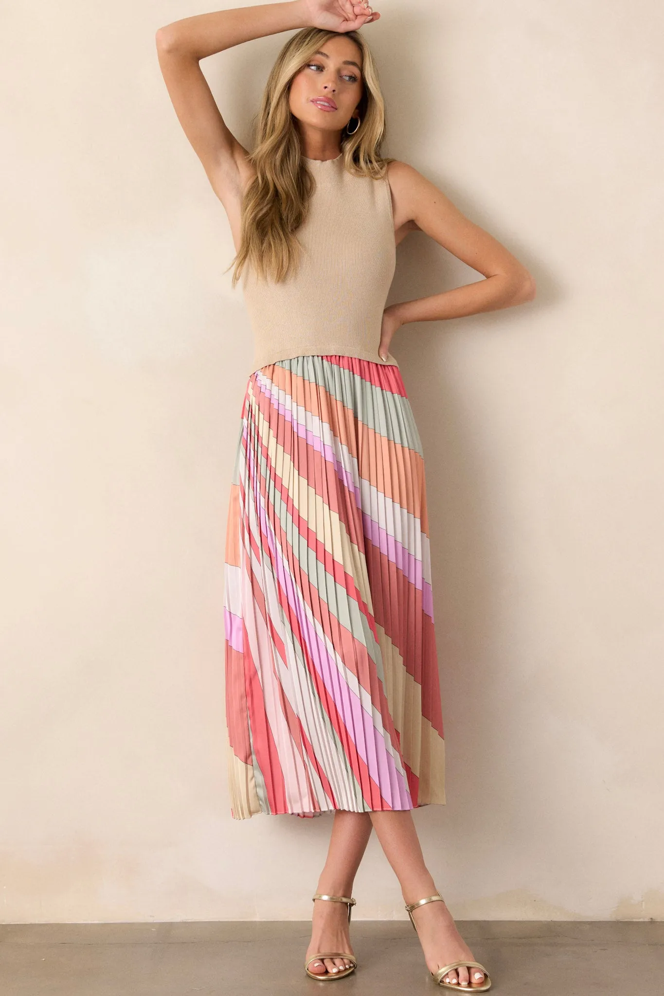 Celestial Cascade Taupe Multi Pleated Midi Dress