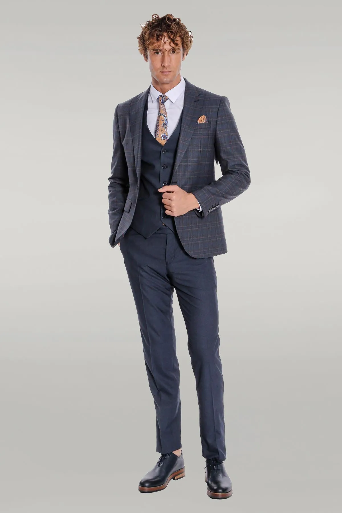 Checked Slim Fit Navy Blue Men Suit - Wessi