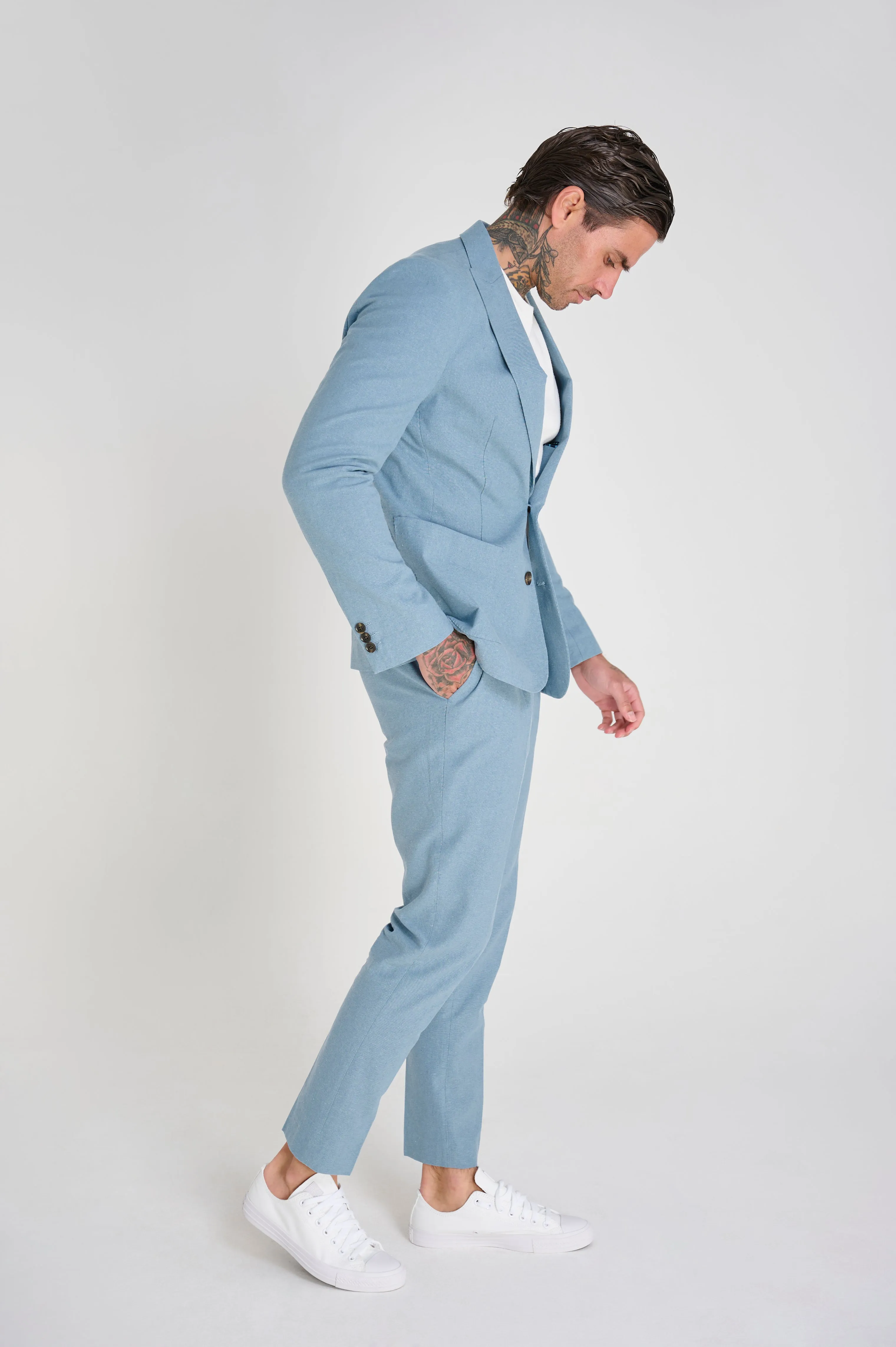 Chris Slim Fit Linen Cotton Blend Single Breasted Suit Blazer in Pastel Blue