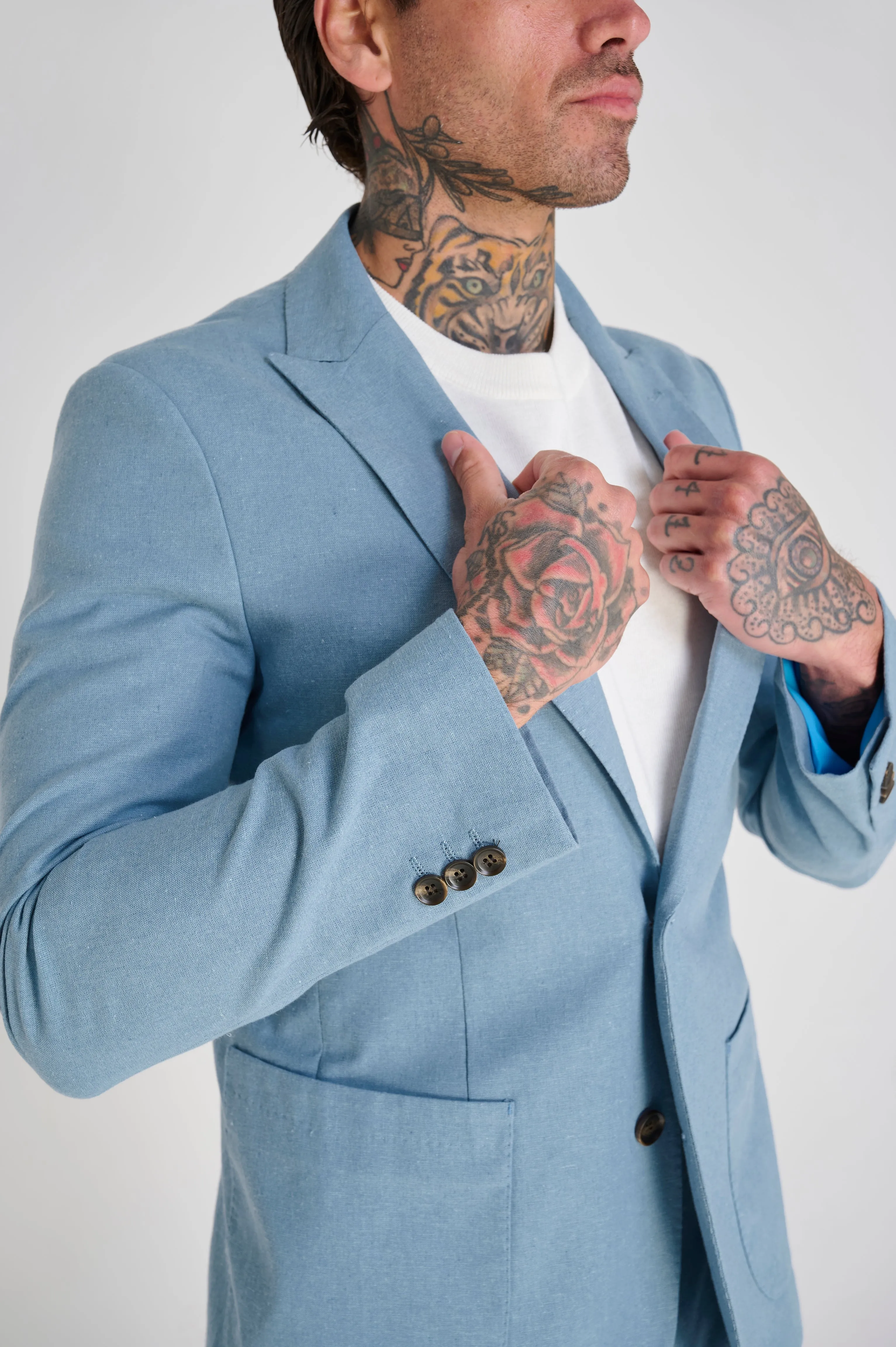 Chris Slim Fit Linen Cotton Blend Single Breasted Suit Blazer in Pastel Blue