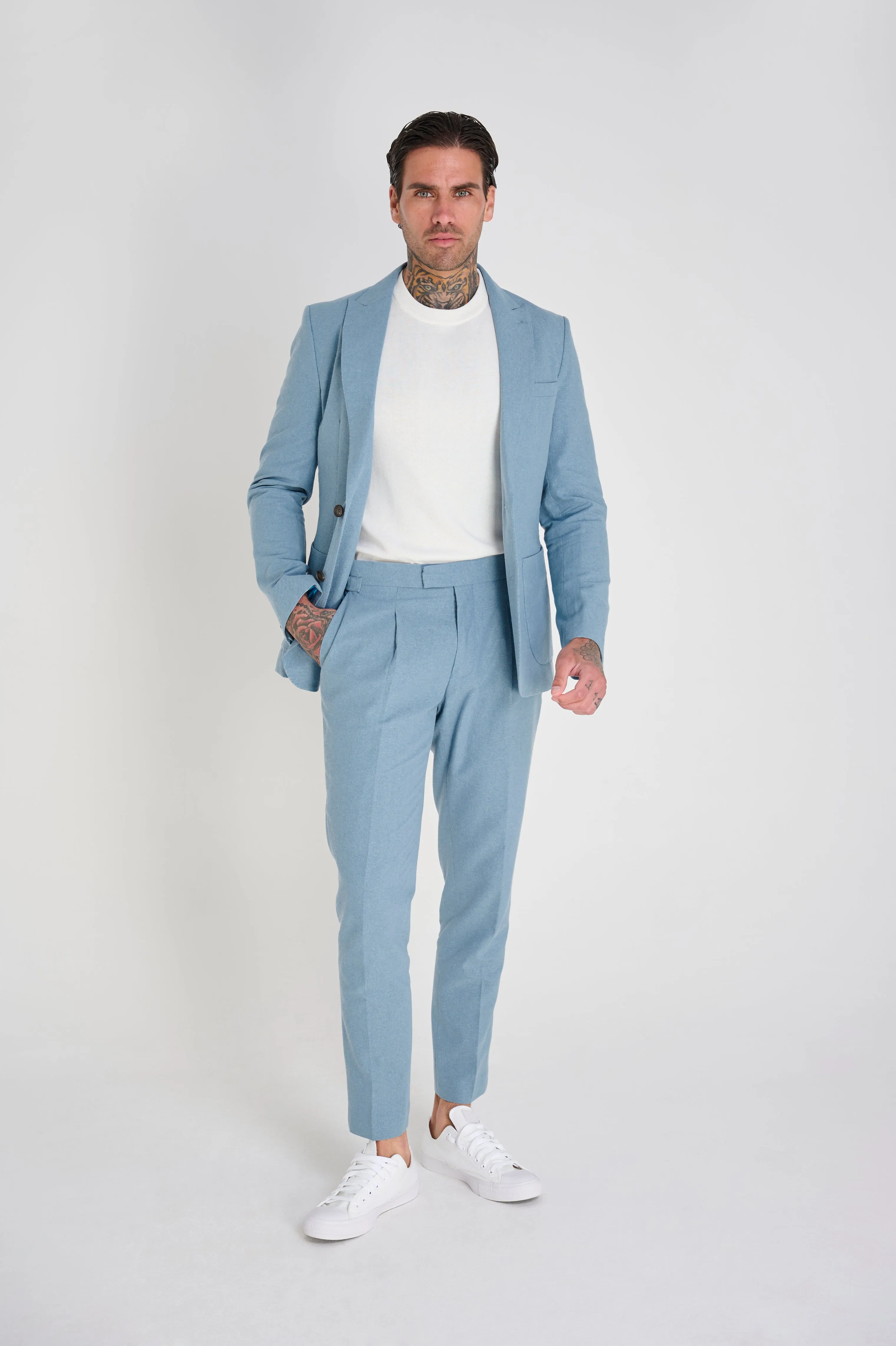 Chris Slim Fit Linen Cotton Blend Single Breasted Suit Blazer in Pastel Blue