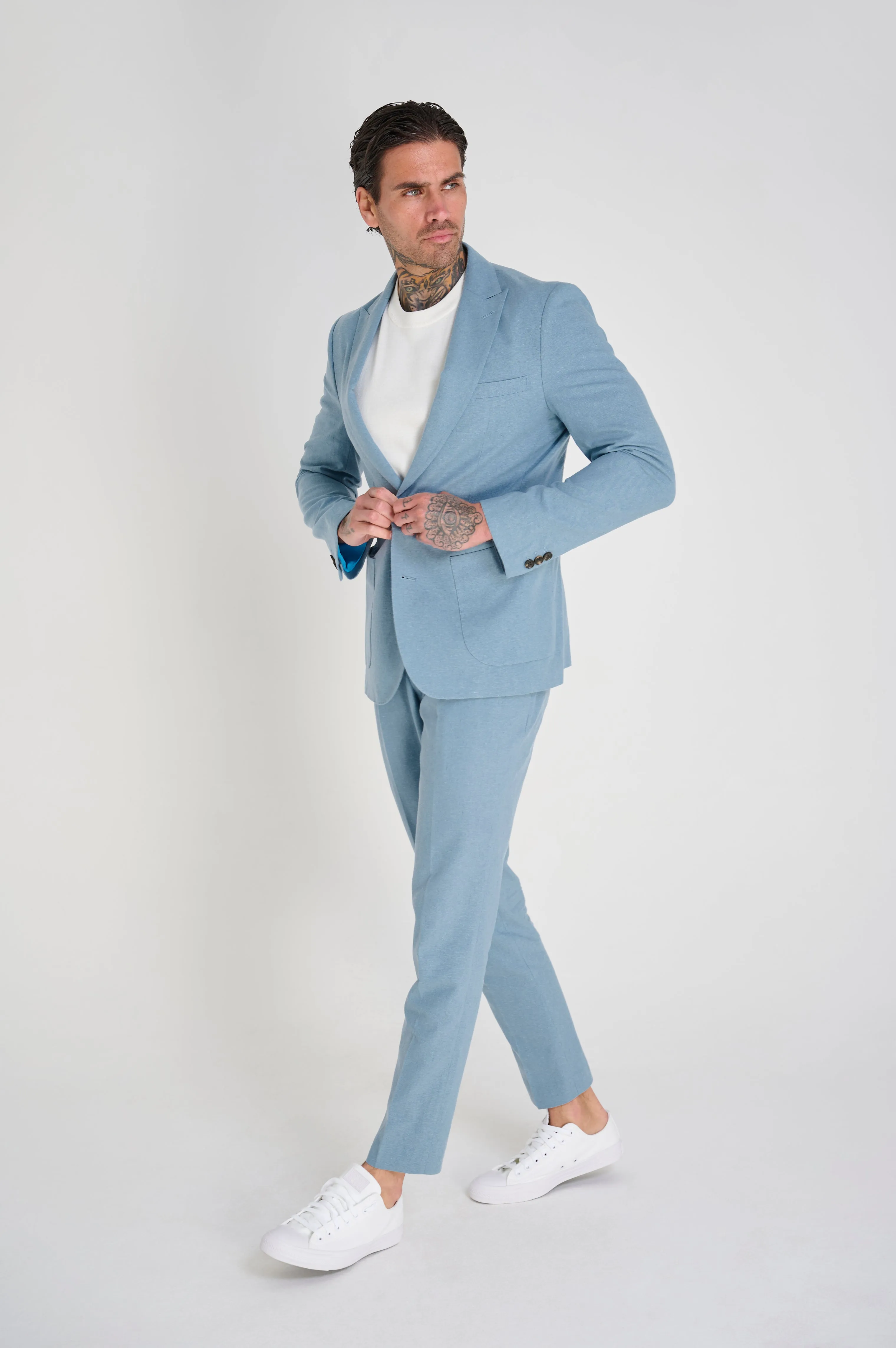 Chris Slim Fit Linen Cotton Blend Single Breasted Suit Blazer in Pastel Blue