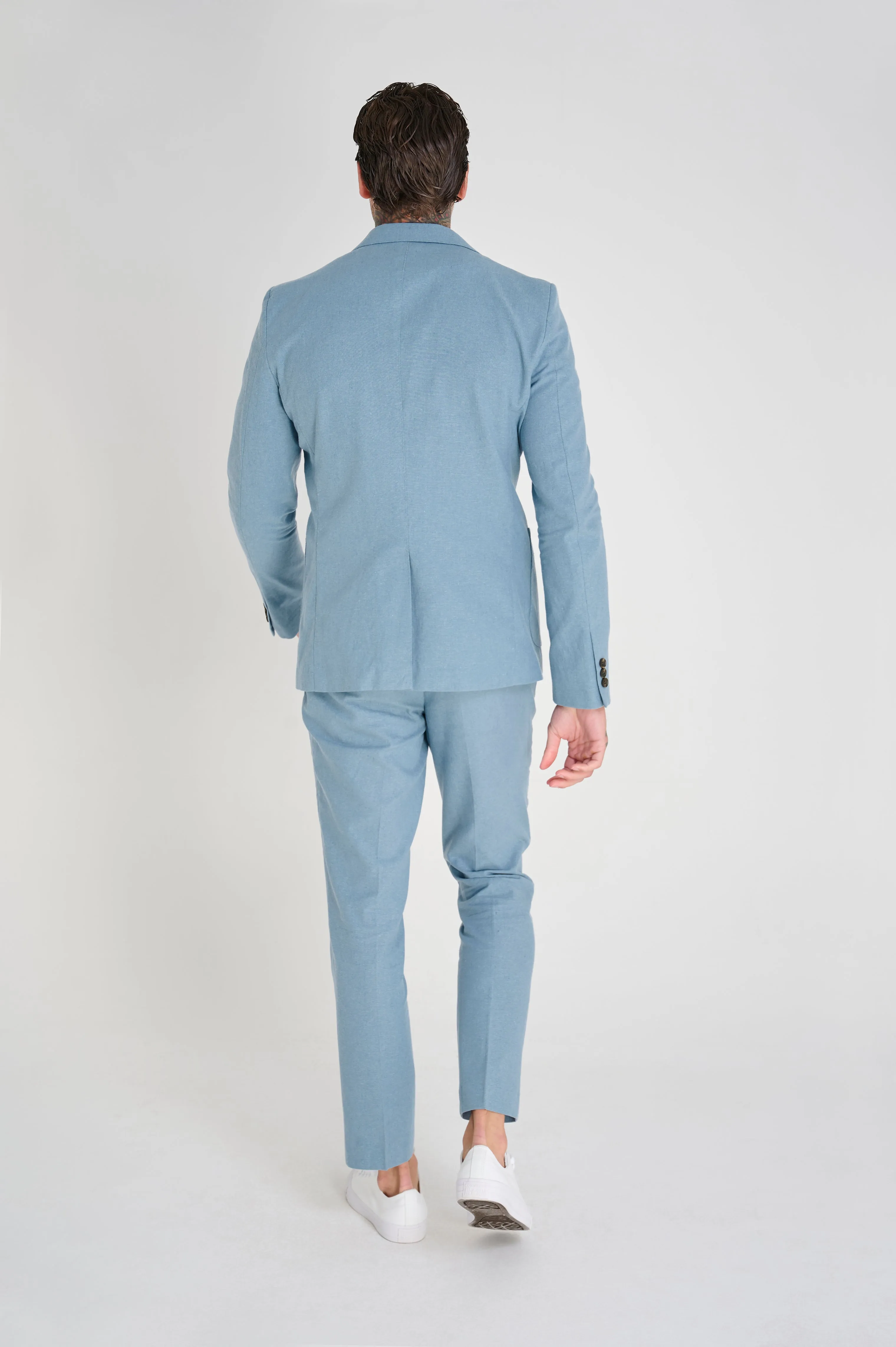 Chris Slim Fit Linen Cotton Blend Single Breasted Suit Blazer in Pastel Blue