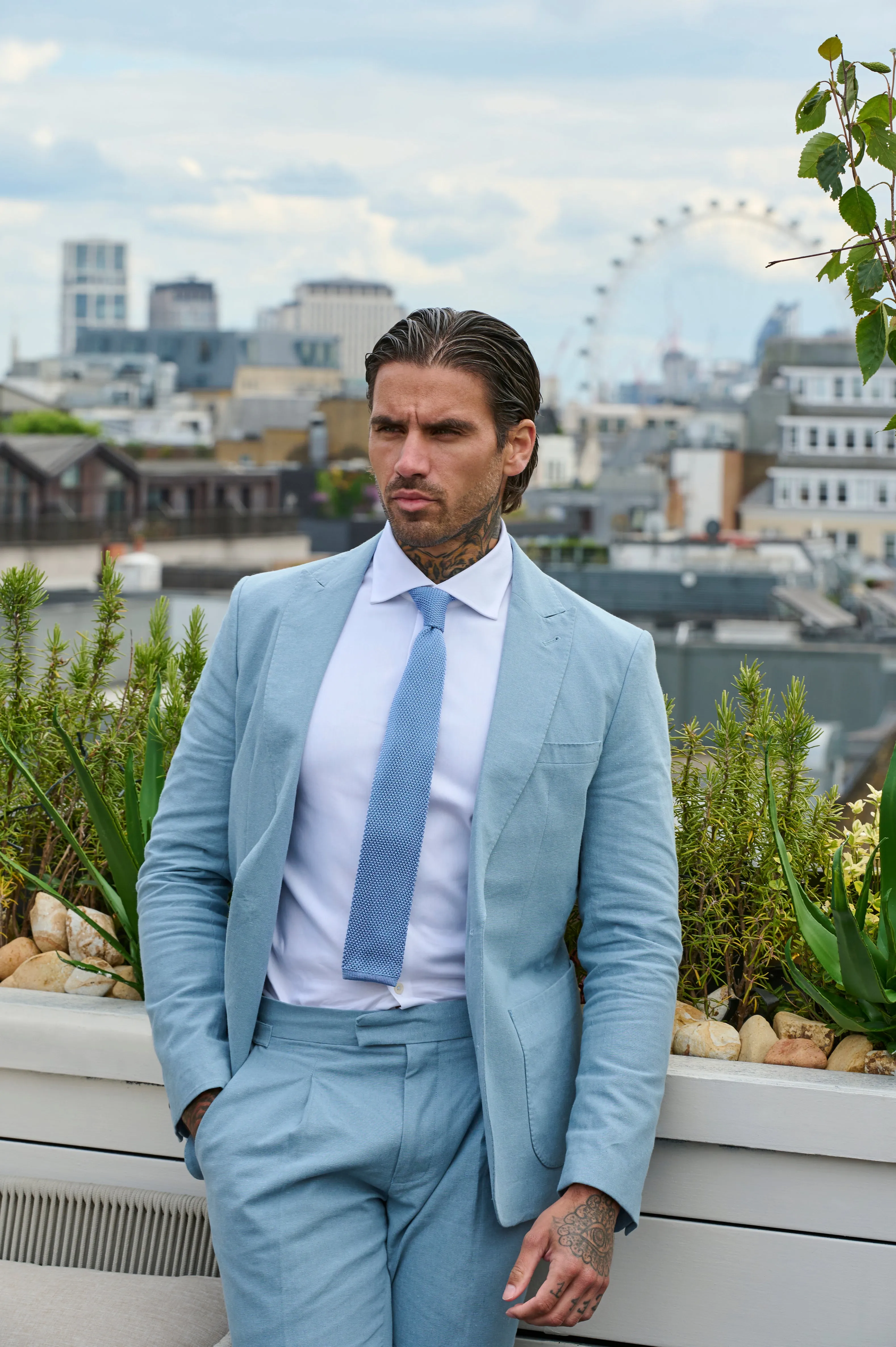 Chris Slim Fit Linen Cotton Blend Single Breasted Suit Blazer in Pastel Blue