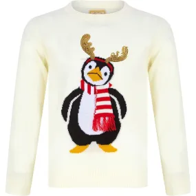 Christmas Antler Penguin Junior Christmas Jumper - Cream