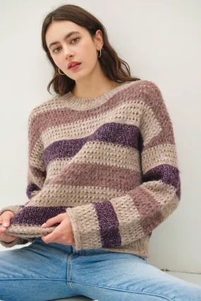 CHUNKY CROCHET KNIT STRIPED SWEATER