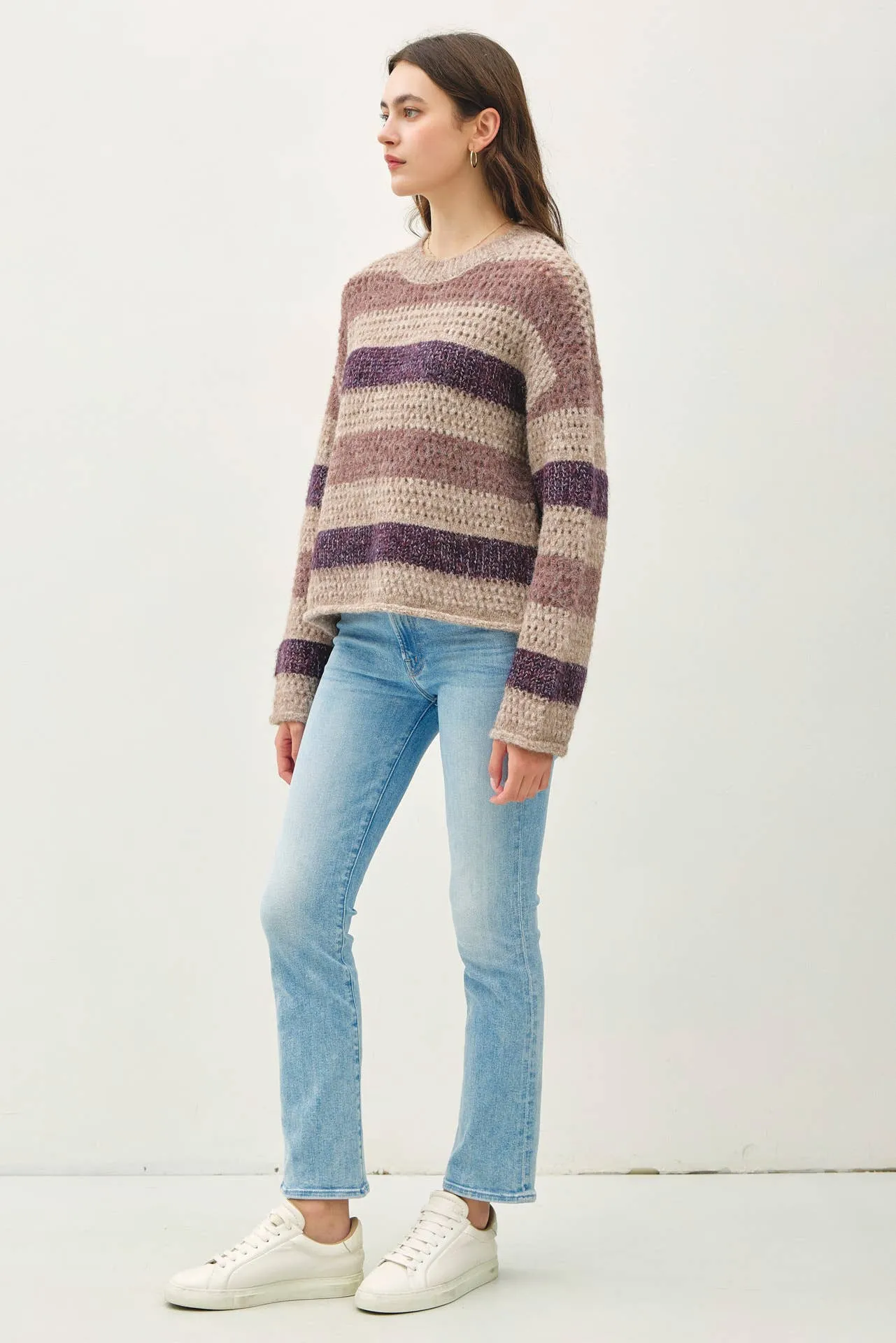 CHUNKY CROCHET KNIT STRIPED SWEATER