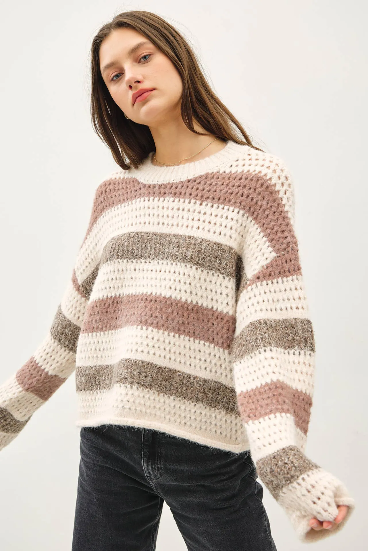 CHUNKY CROCHET KNIT STRIPED SWEATER