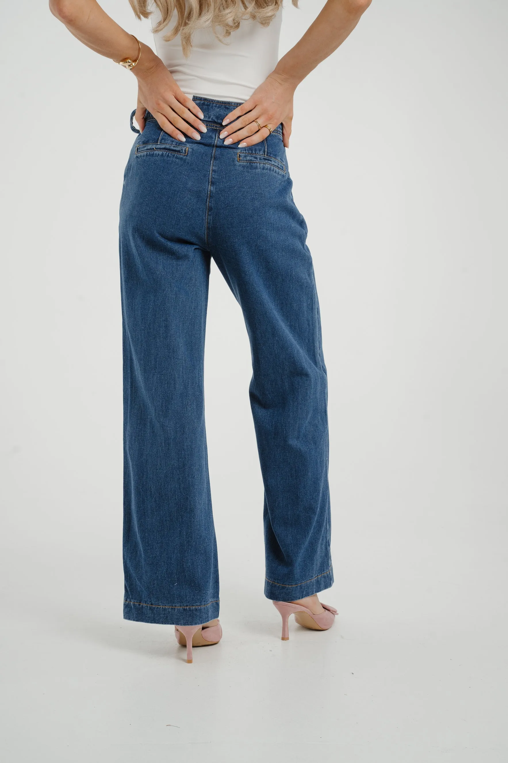 Cindy Tie Waist Wide Jean In Mid Wash