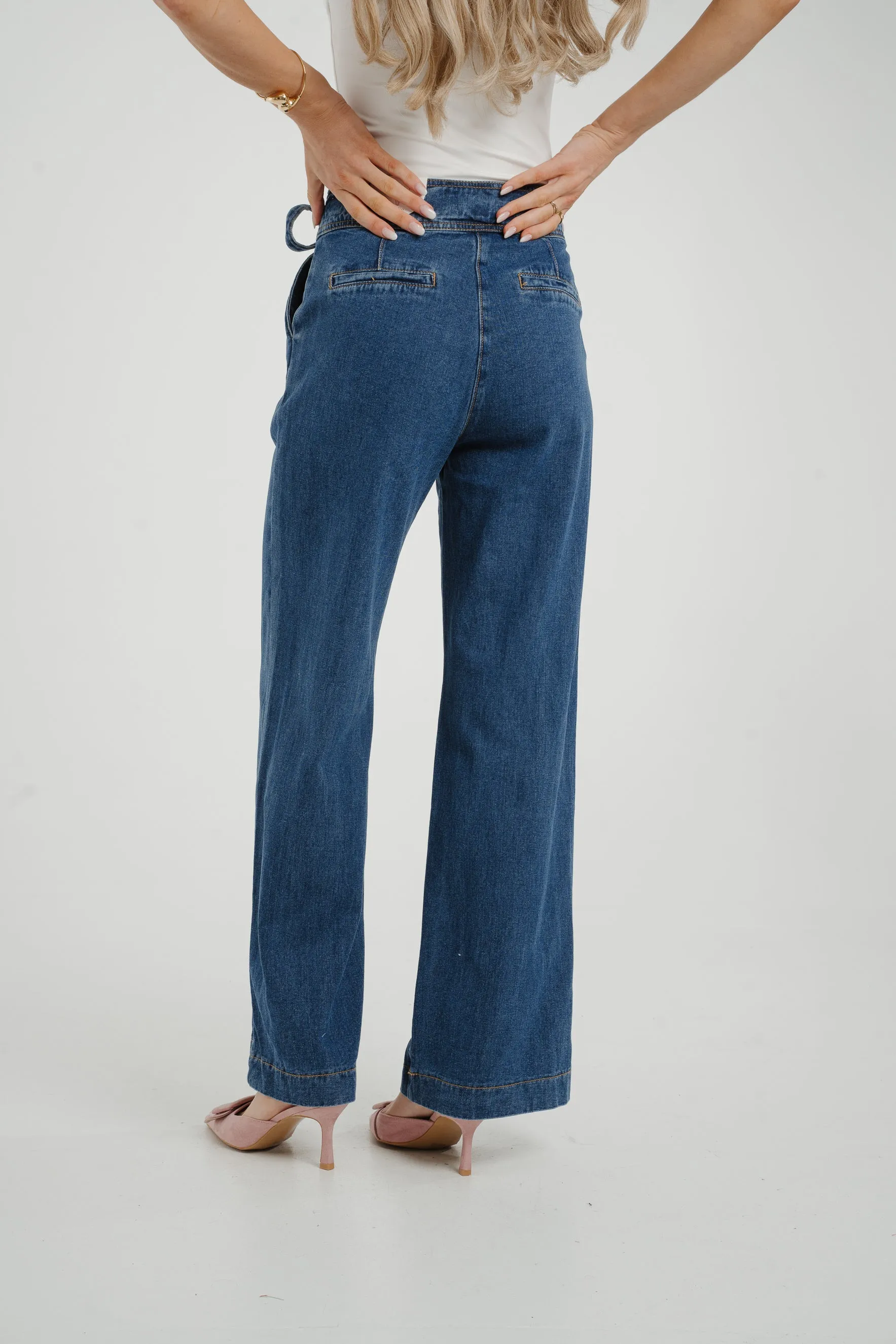 Cindy Tie Waist Wide Jean In Mid Wash