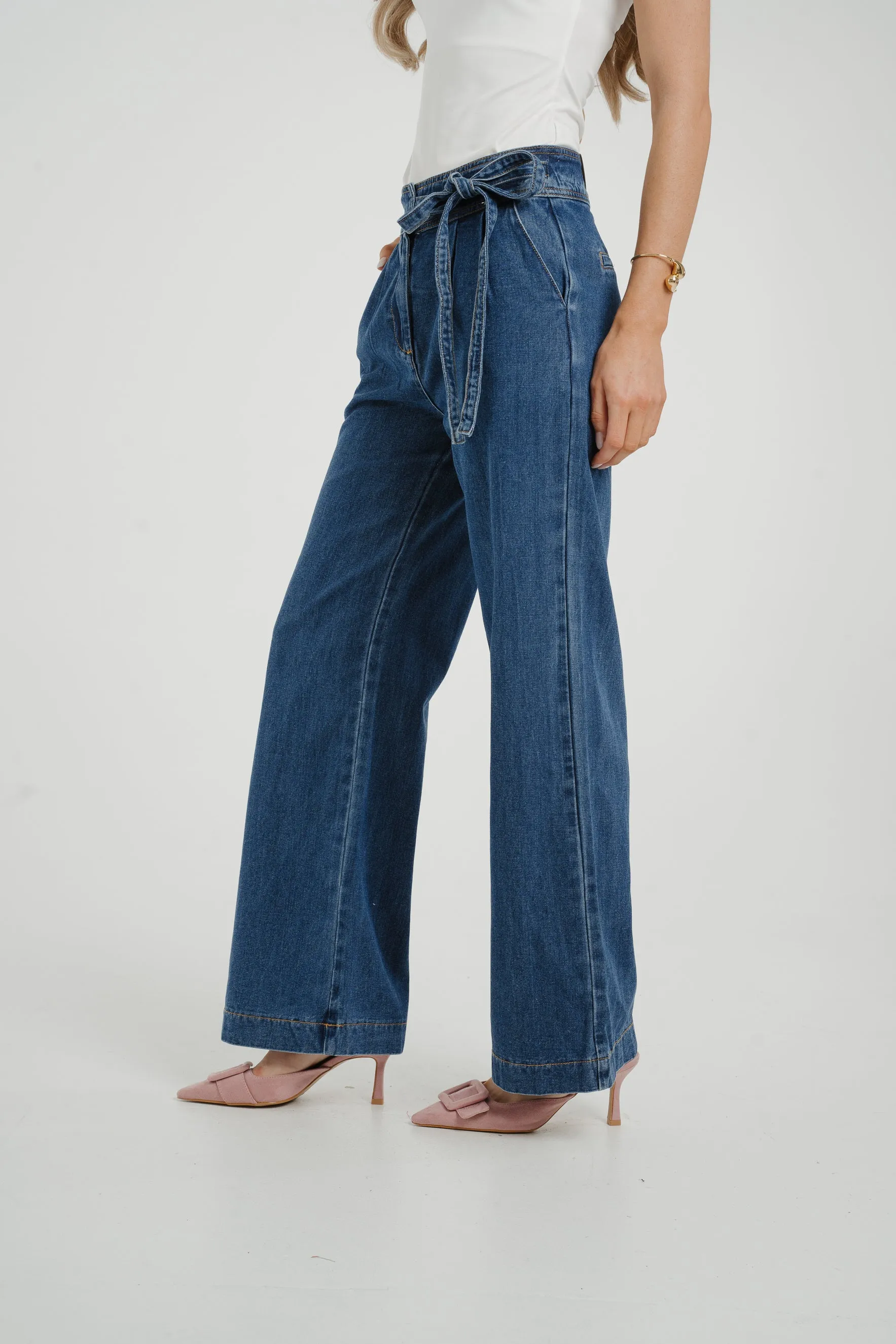 Cindy Tie Waist Wide Jean In Mid Wash