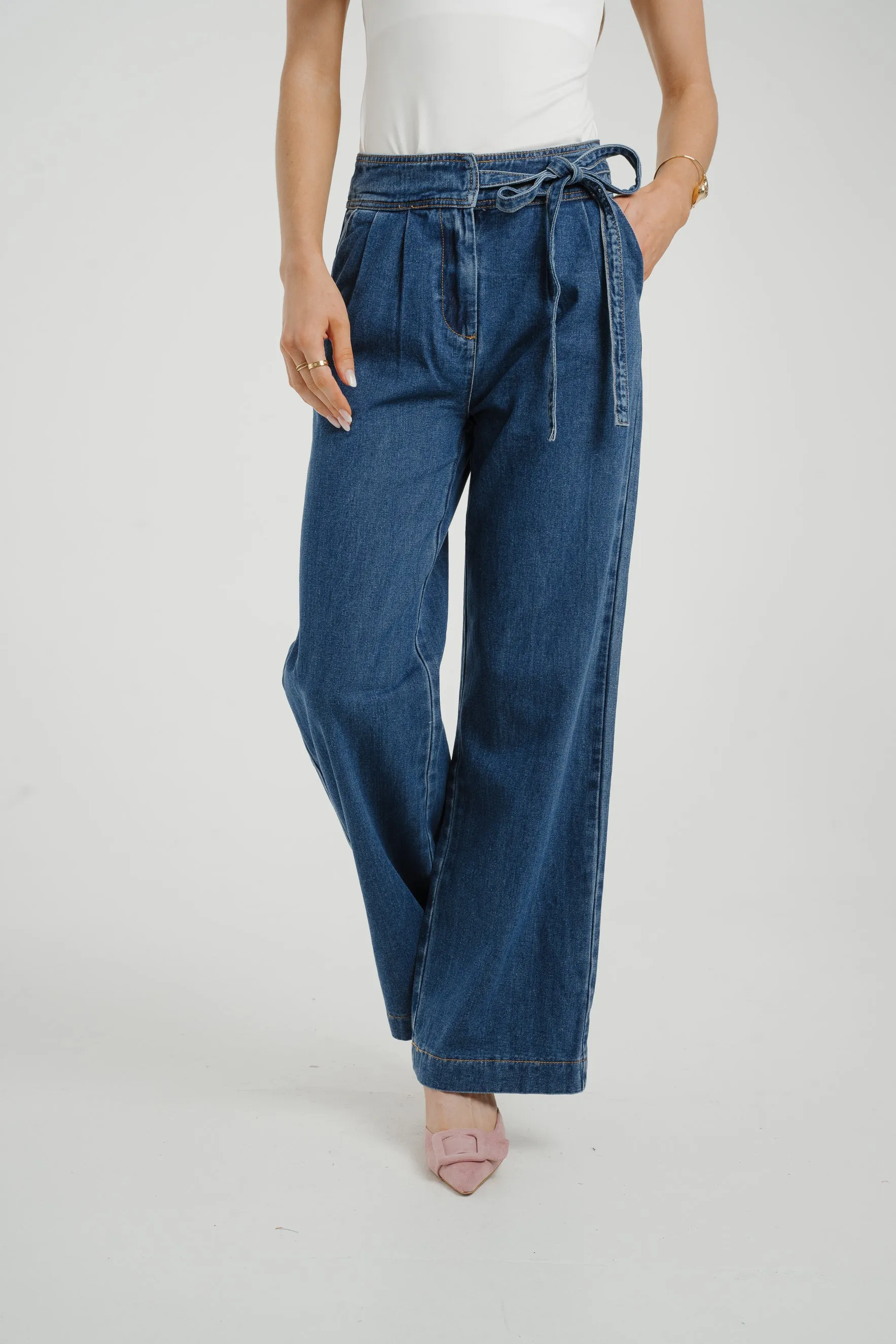 Cindy Tie Waist Wide Jean In Mid Wash