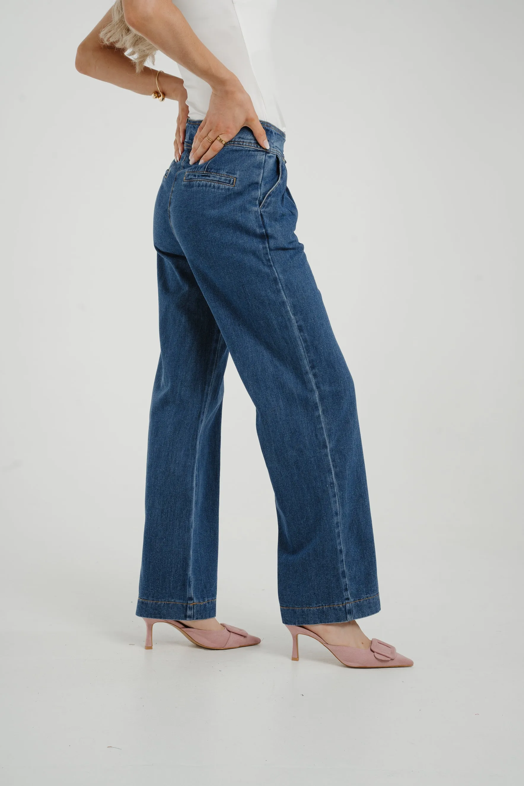 Cindy Tie Waist Wide Jean In Mid Wash