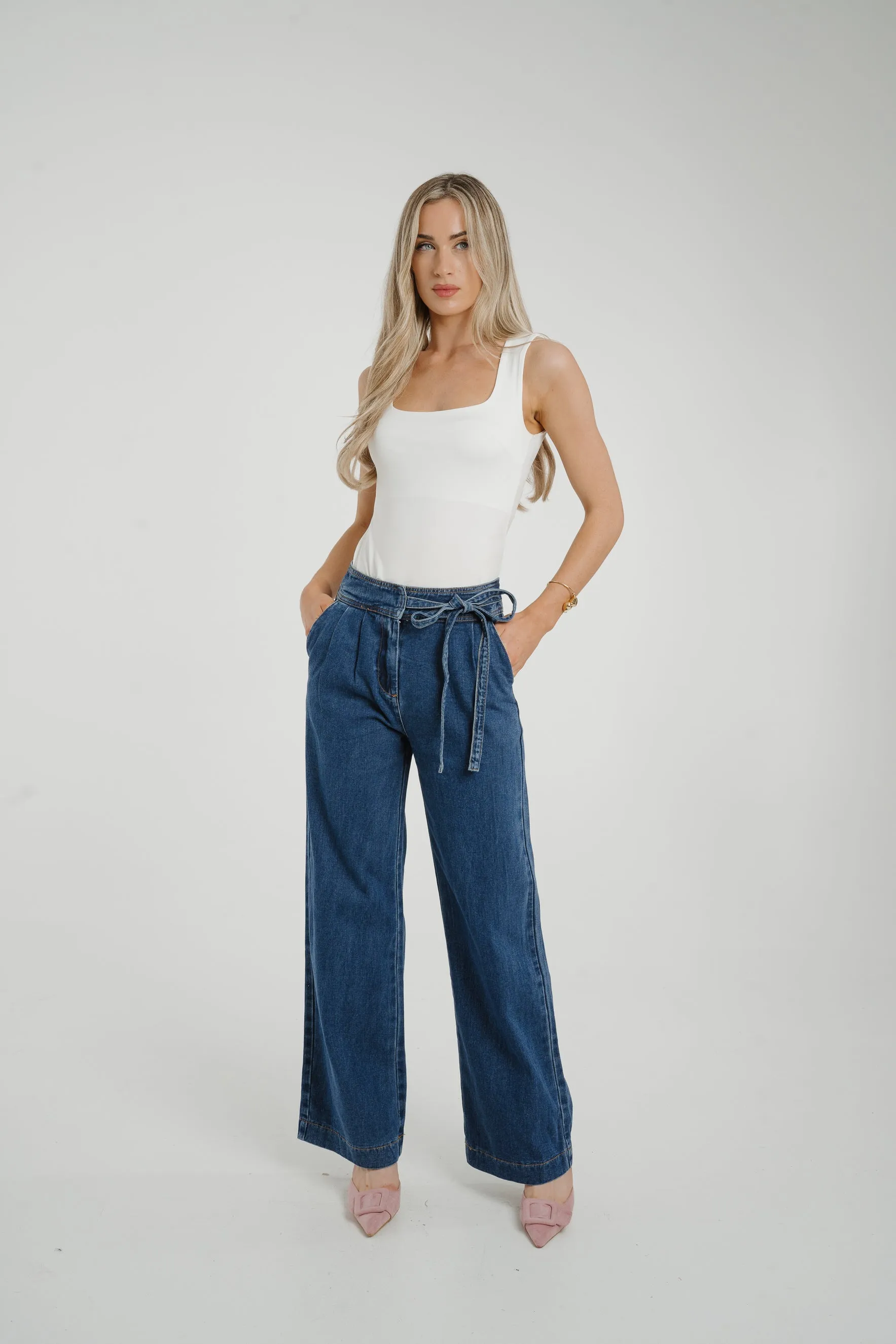 Cindy Tie Waist Wide Jean In Mid Wash