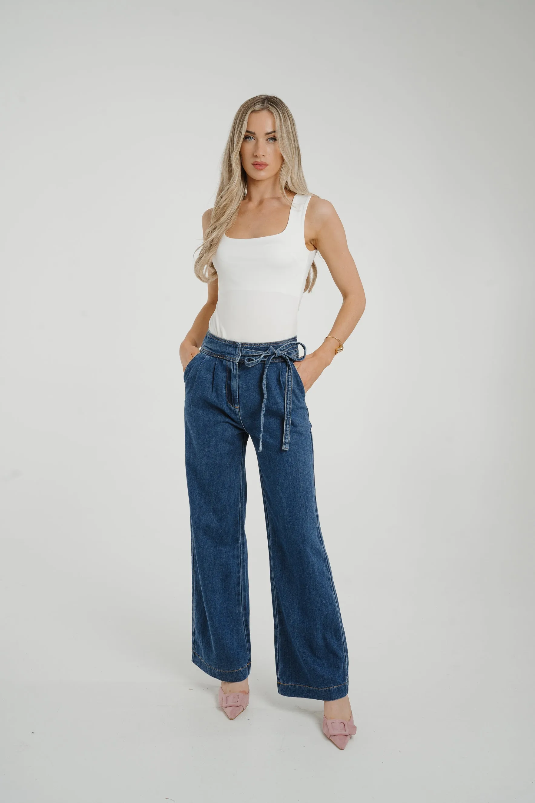 Cindy Tie Waist Wide Jean In Mid Wash