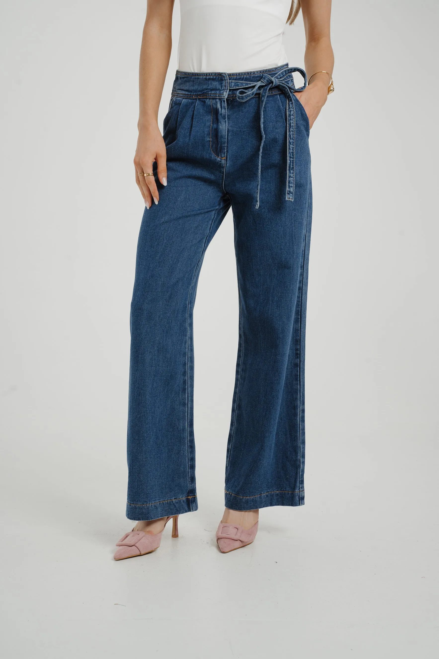 Cindy Tie Waist Wide Jean In Mid Wash