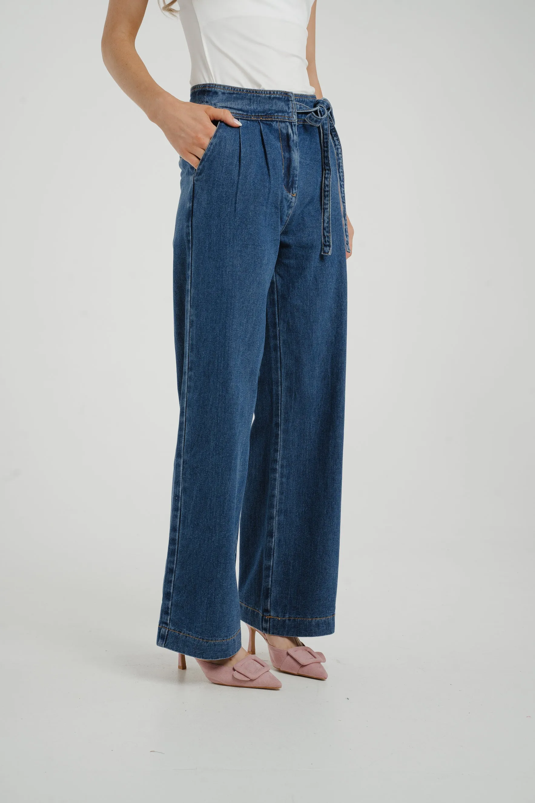 Cindy Tie Waist Wide Jean In Mid Wash