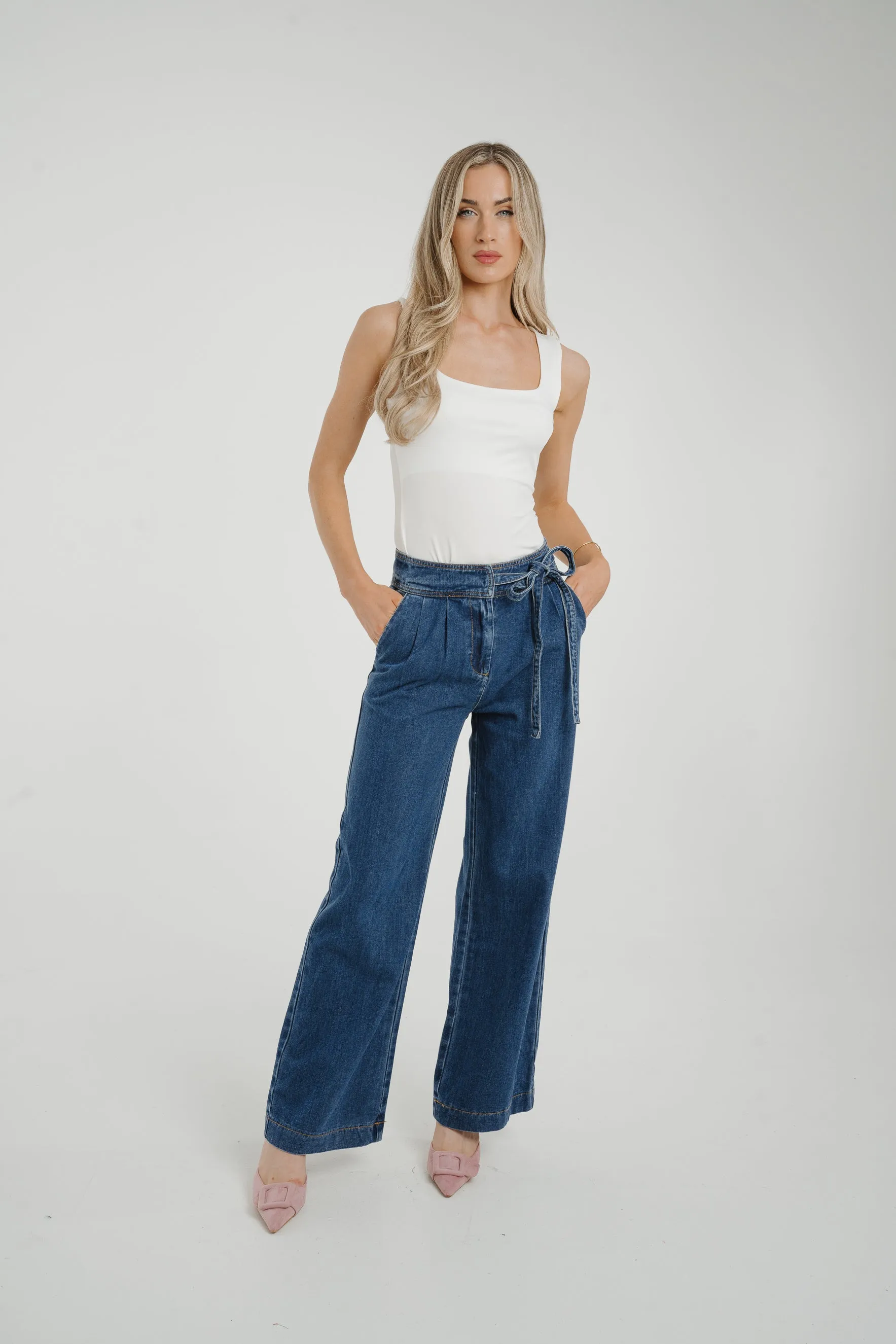 Cindy Tie Waist Wide Jean In Mid Wash