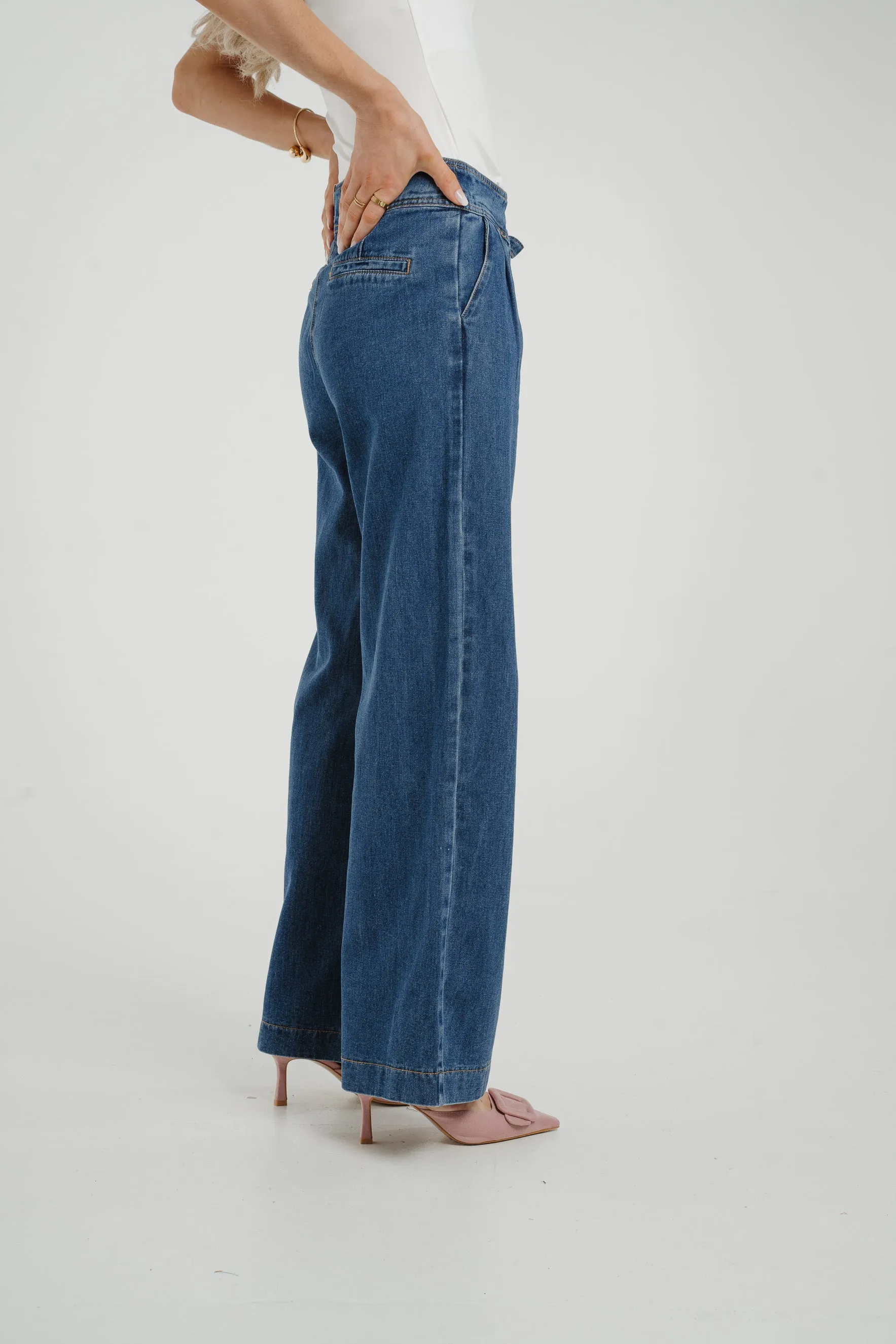 Cindy Tie Waist Wide Jean In Mid Wash