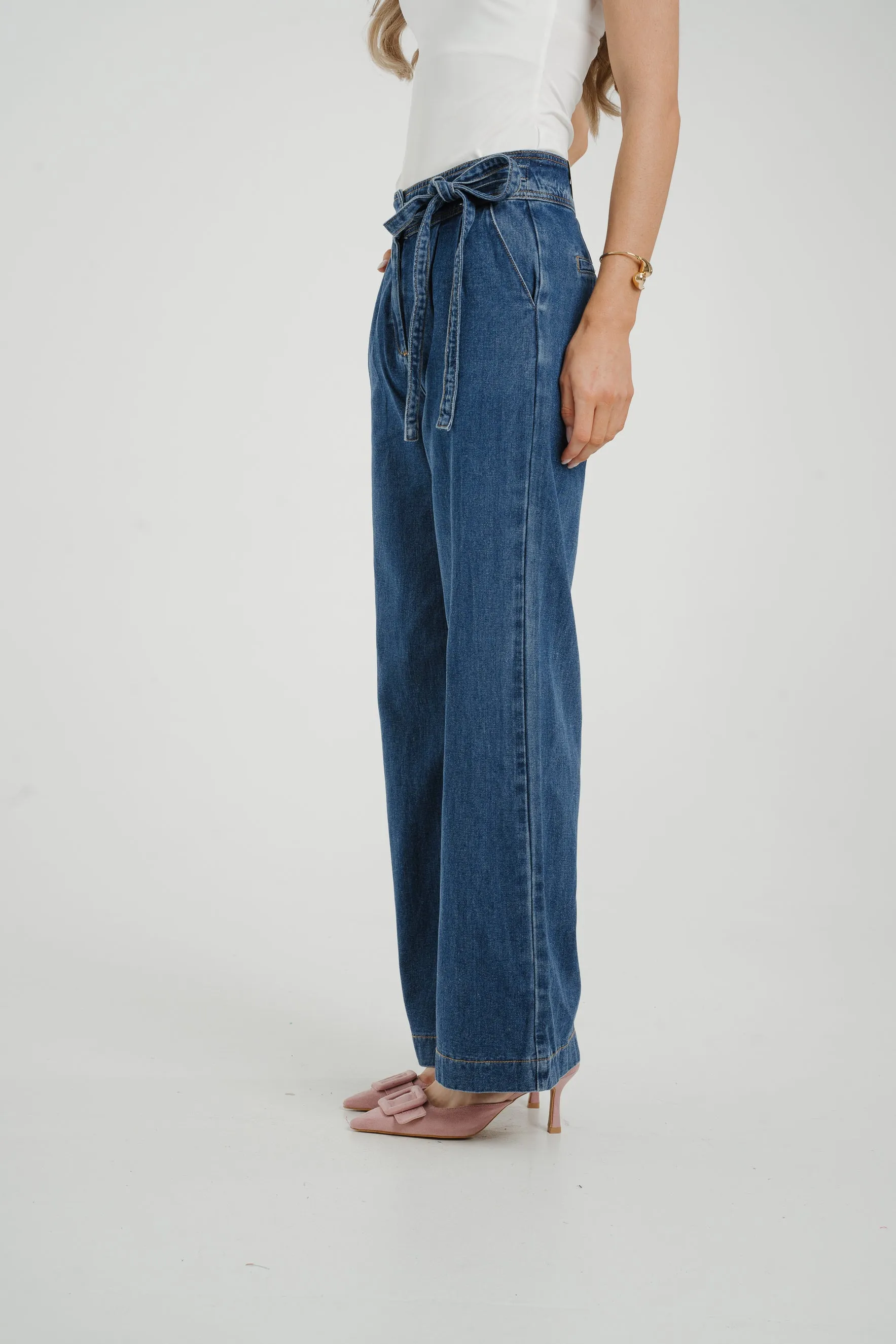 Cindy Tie Waist Wide Jean In Mid Wash