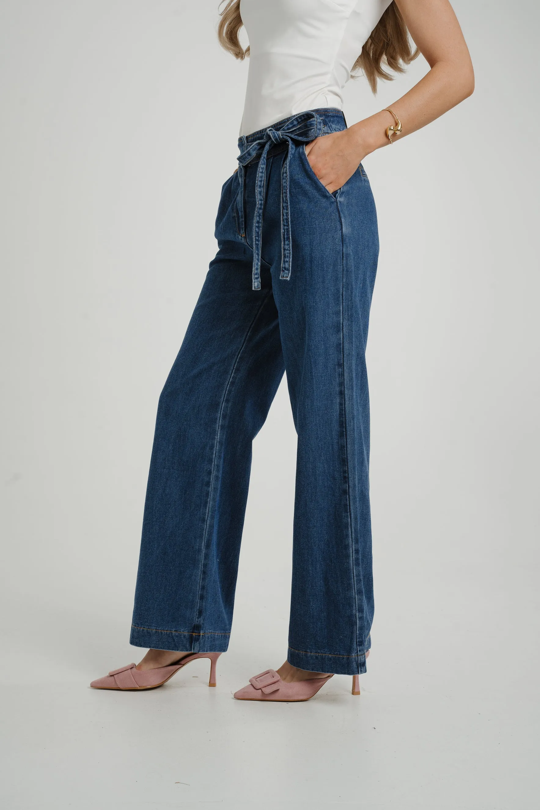 Cindy Tie Waist Wide Jean In Mid Wash