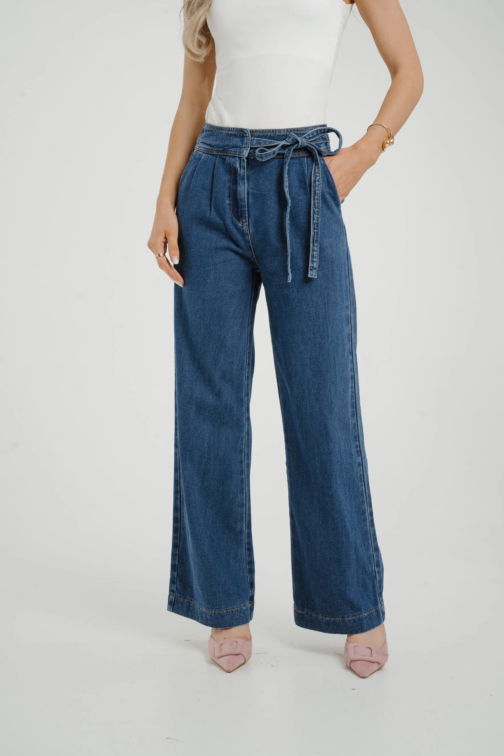 Cindy Tie Waist Wide Jean In Mid Wash