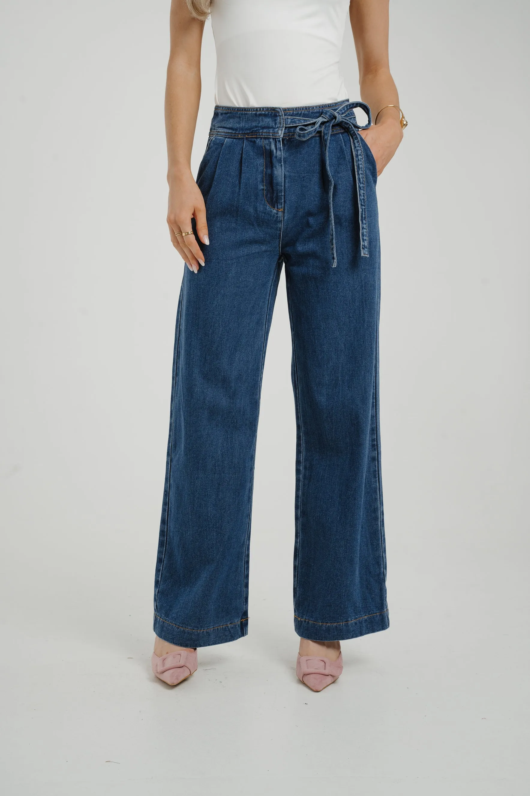 Cindy Tie Waist Wide Jean In Mid Wash