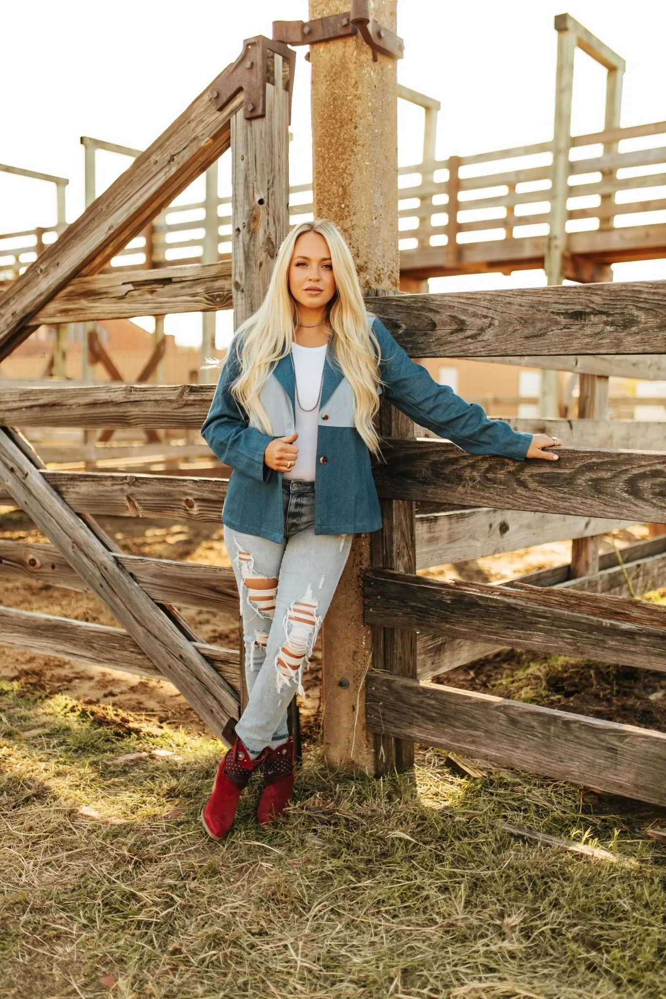 Color Block Denim Button Blazer