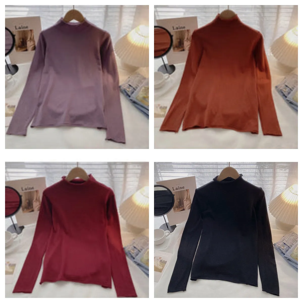 Commuter solid color Pullover half high neck long sleeve Knitted Top  6651