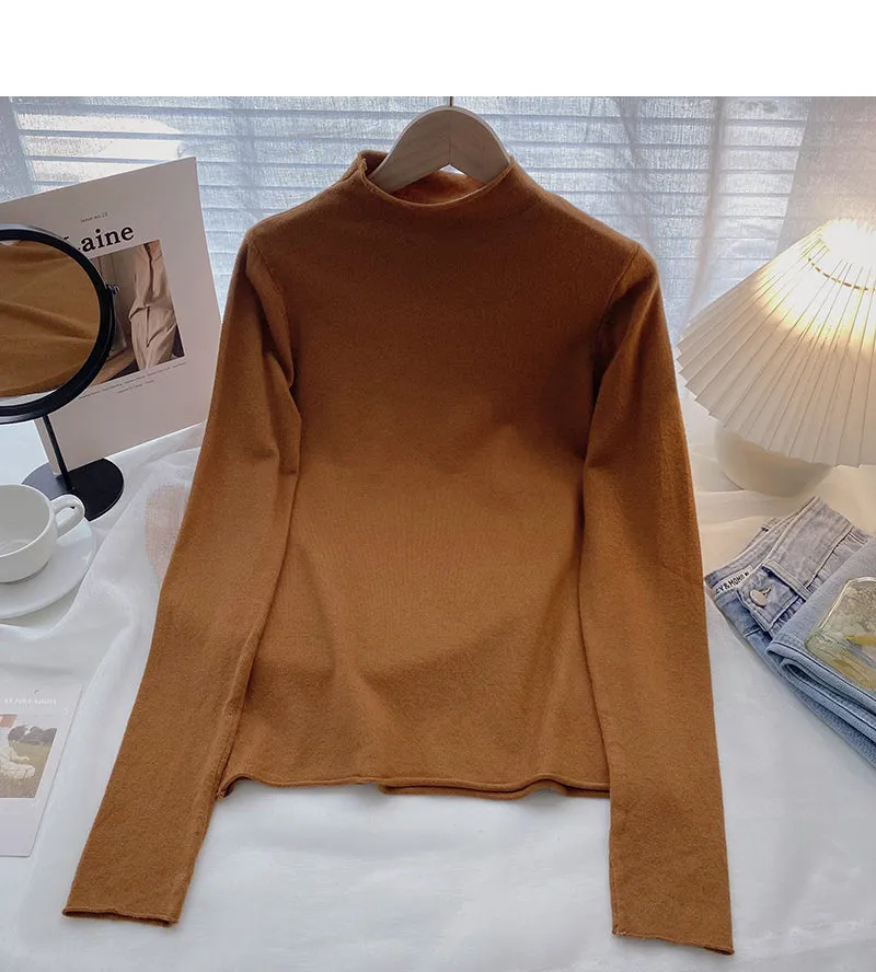 Commuter solid color Pullover half high neck long sleeve Knitted Top  6651