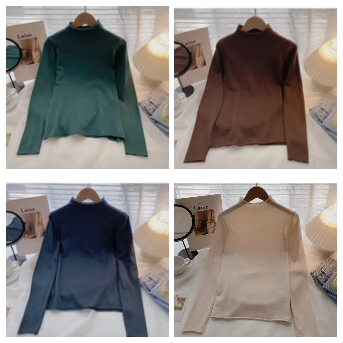 Commuter solid color Pullover half high neck long sleeve Knitted Top  6651