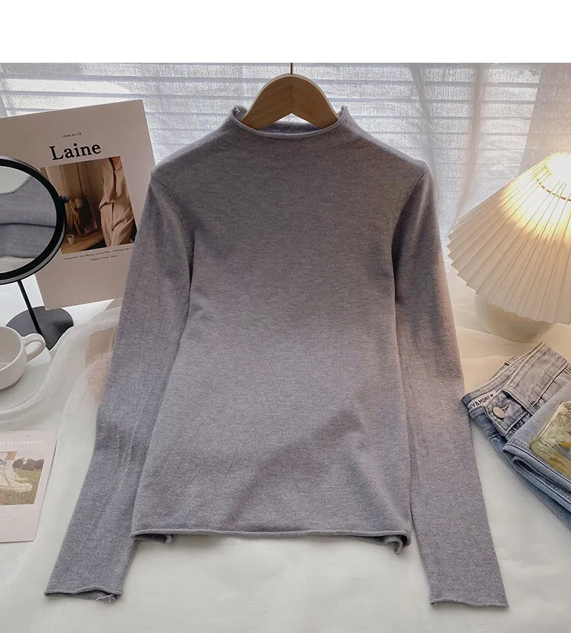 Commuter solid color Pullover half high neck long sleeve Knitted Top  6651