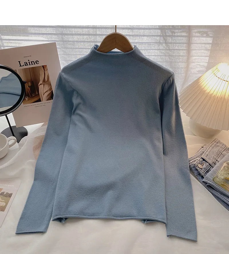 Commuter solid color Pullover half high neck long sleeve Knitted Top  6651